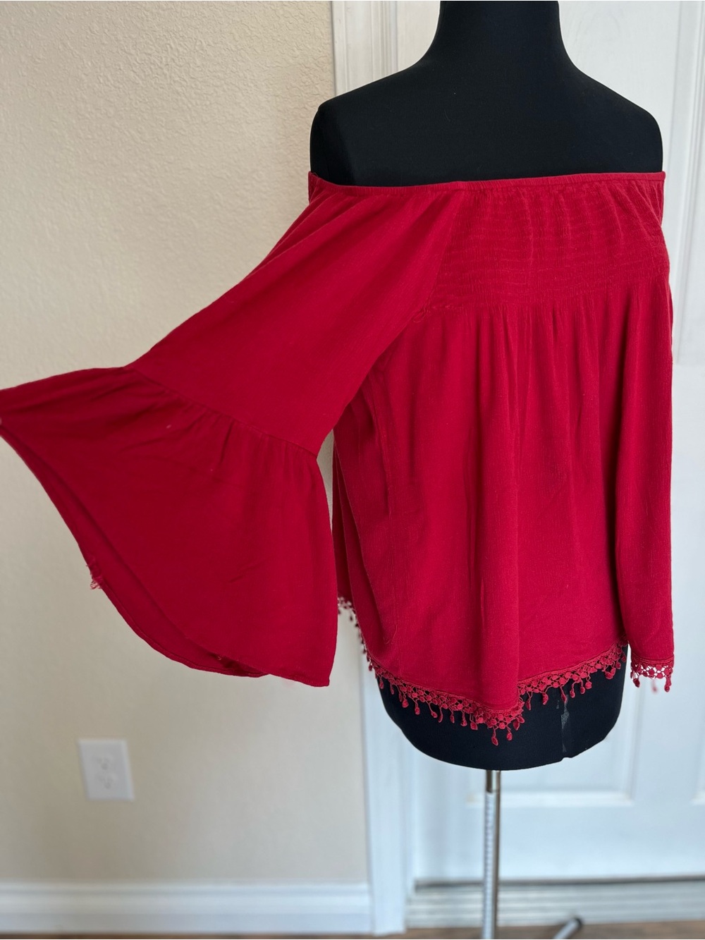 Coco + Carmen | Red Off-Shoulder Boho Crochet Fringe Peasant Blouse, L/XL